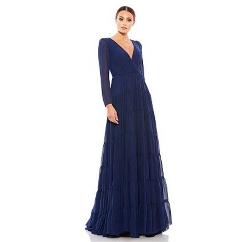 Ieena for Mac Duggal 55311 Midnight Blue Tiered‎ Chiffon Maxi Gown Size 4 NEW